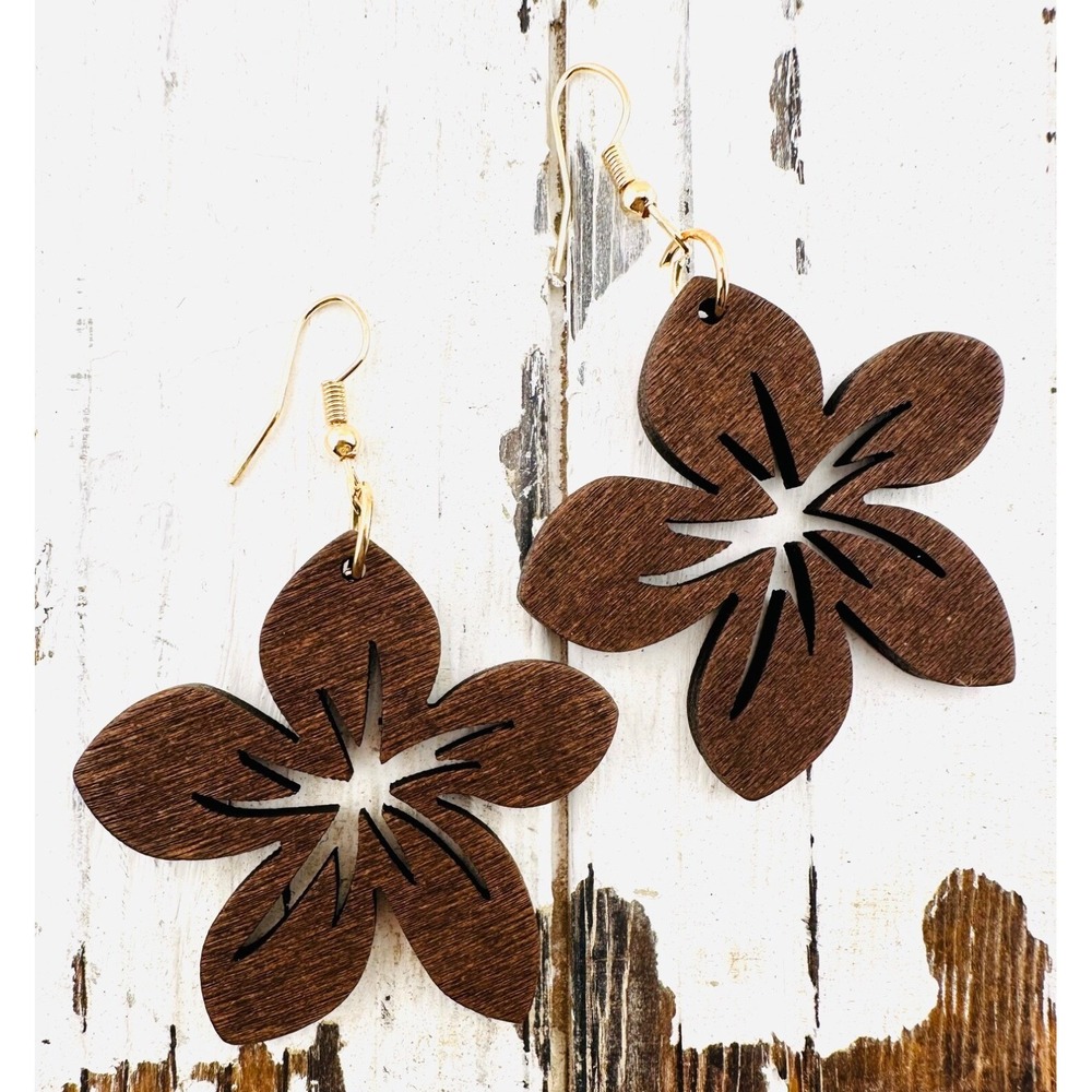 Wood Stained Plumeria Flower Earrings on Gold Plated Ear Wires